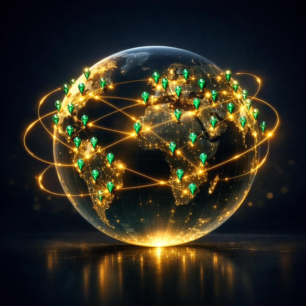 A glowing globe with location pins showing a secure network of verified physical business locations.