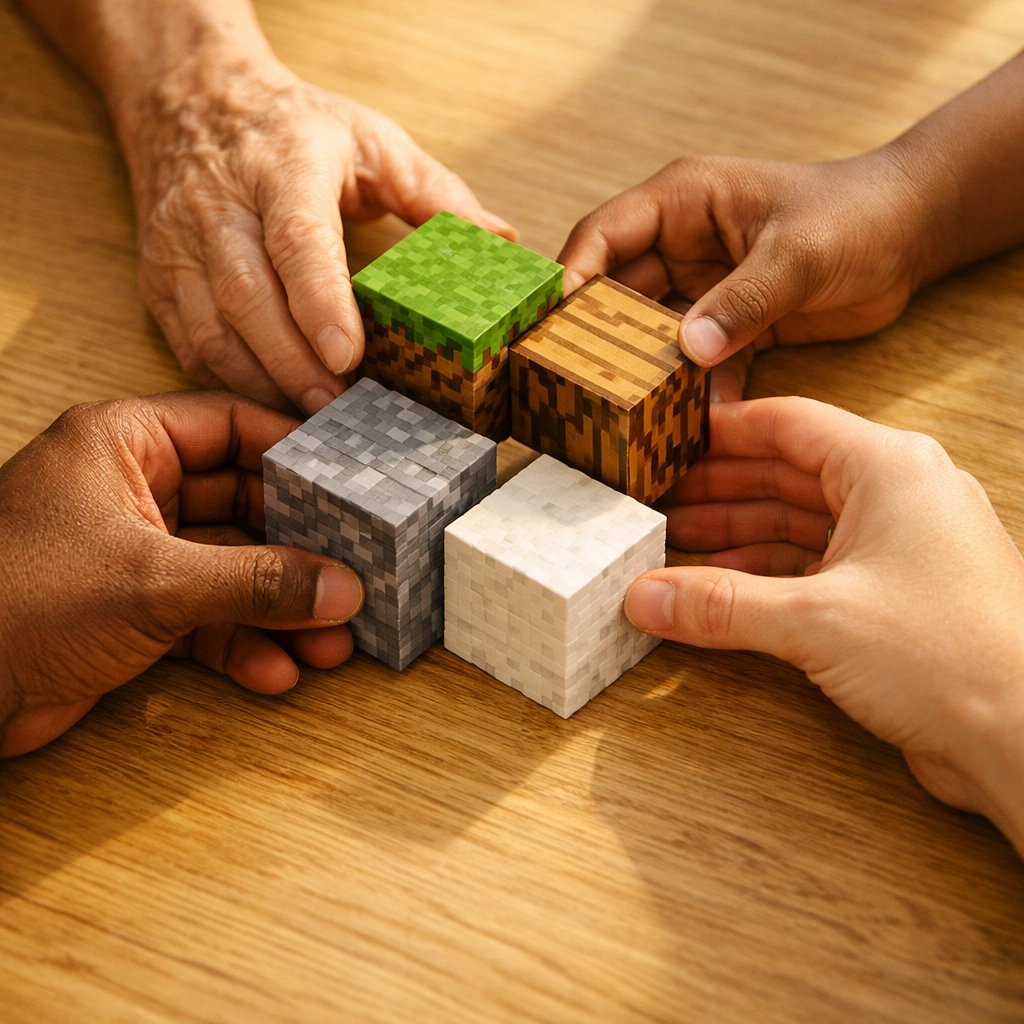 Diverse hands collaborating with Minecraft blocks showing community and teamwork