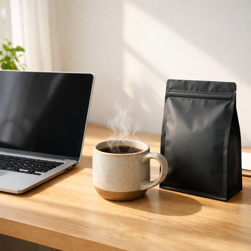 Minimalist home office with a coffee bag and mug, ideal for starting a coffee dropshipping business in the UK.