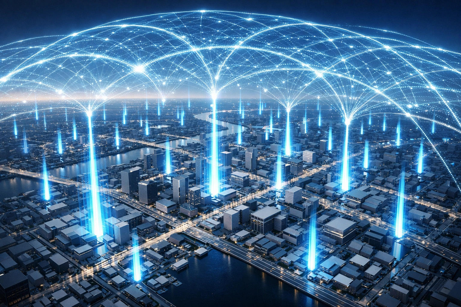 Glowing blue data network over a city grid representing a scaled digital footprint.