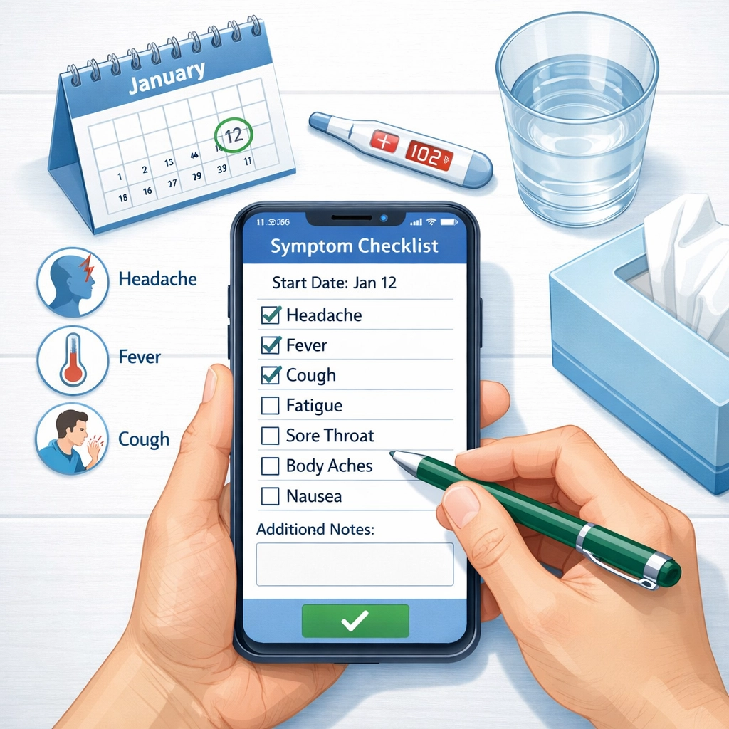 Detailed symptom checklist for online urgent care consultation with medical history tracking