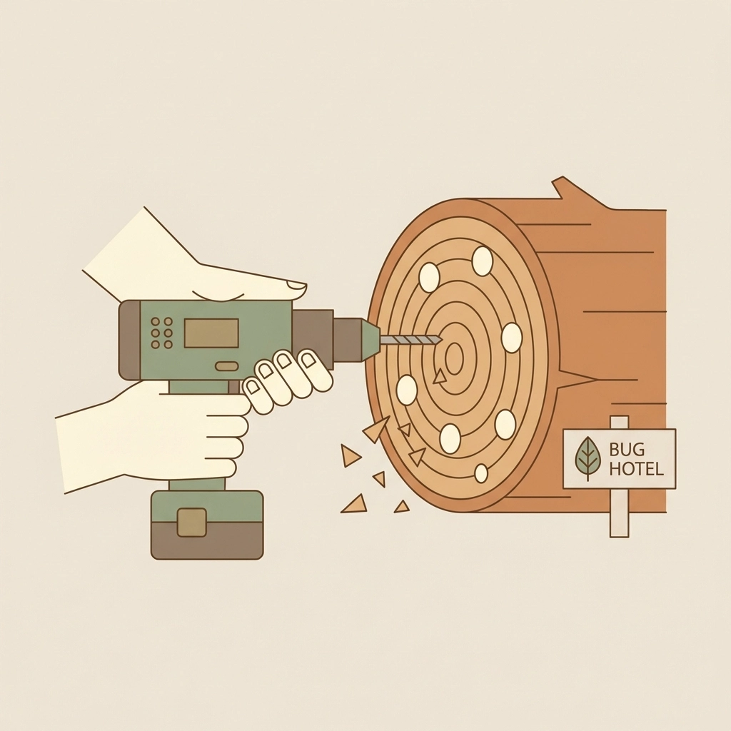 Hands drilling holes into a log section to prepare a nesting site for solitary bees in a bug hotel.