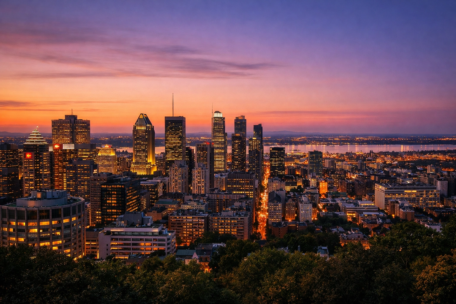 Stunning sunset view of the Montreal skyline and Saint Lawrence River from the Mount Royal lookout.