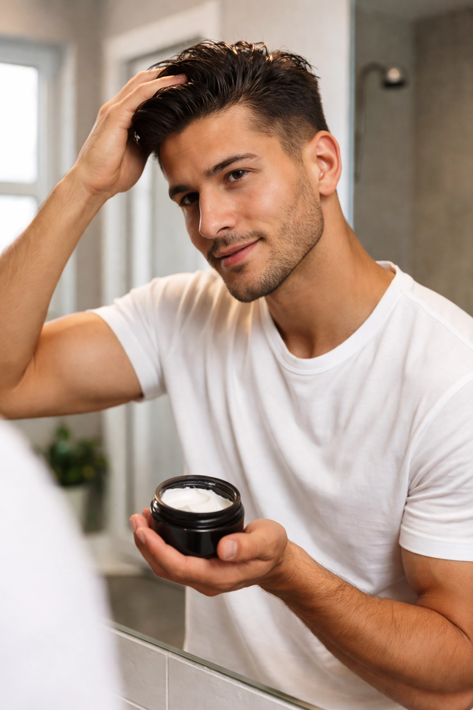 Latino man styling his damp hair with product in a modern bathroom, showcasing healthy grooming habits.