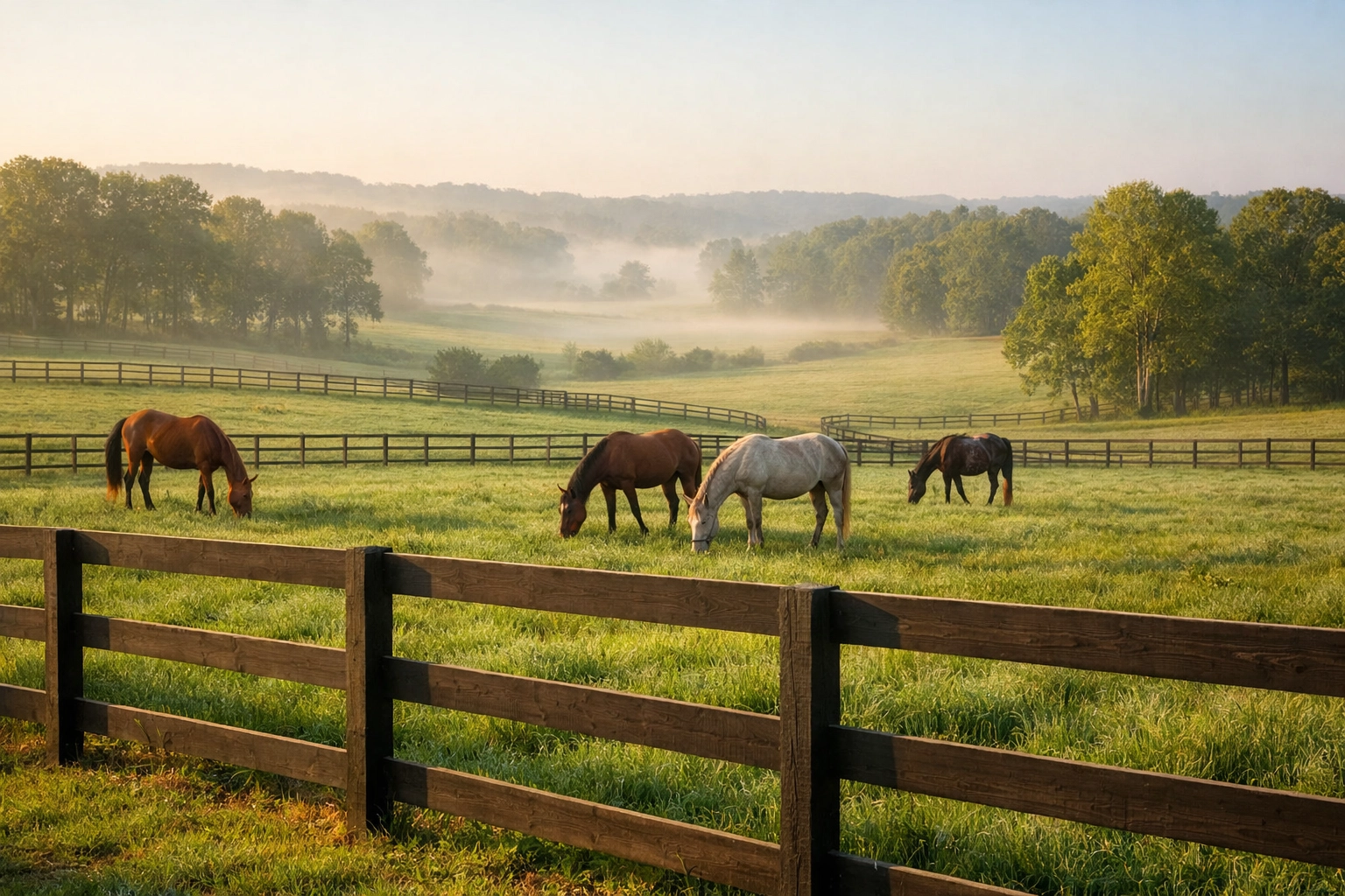 Horses grazing on healthy pastures at Charlotte area equestrian estate with board fencing