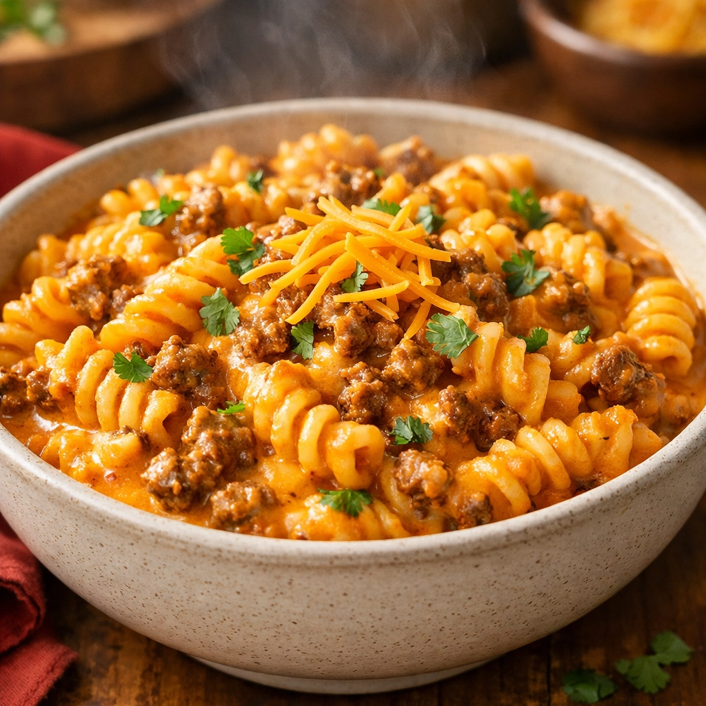 A steaming bowl of cheesy 5-ingredient taco pasta with ground beef and cilantro.