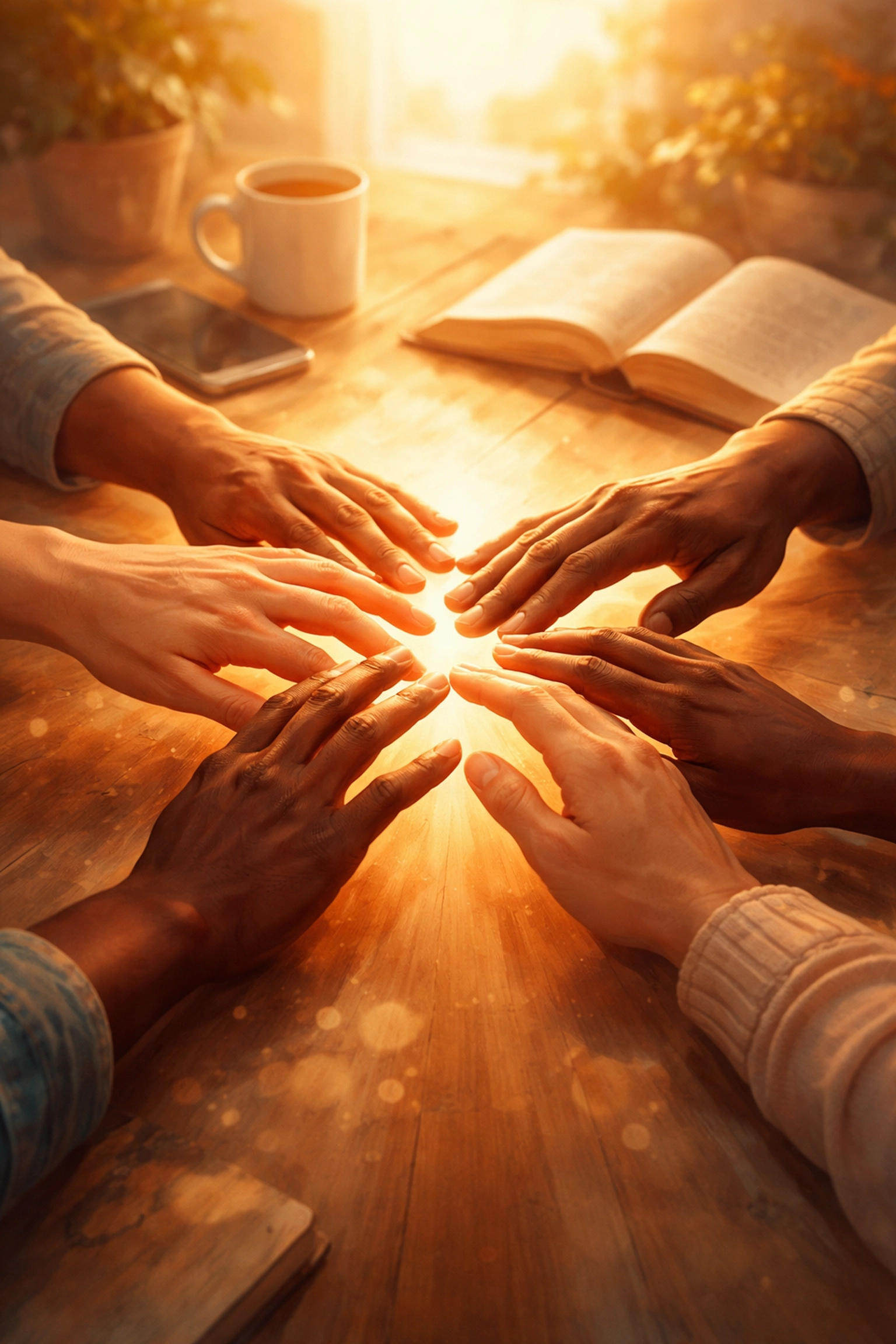 Hands of diverse skin tones reaching together in warm sunlight, demonstrating unity, community, and hope in daily life on the new earth.