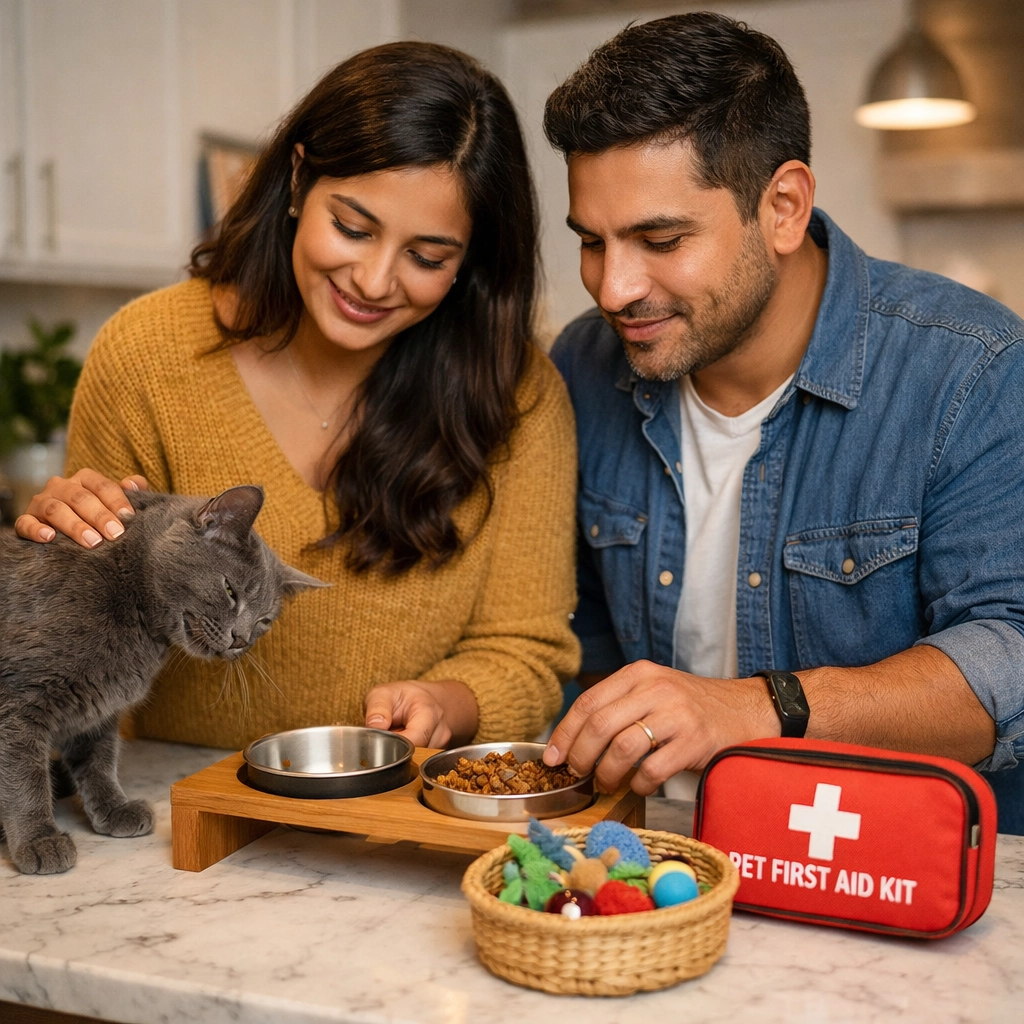 Homeowners setting up a cat care station and supplies to prepare for professional cat sitting services.