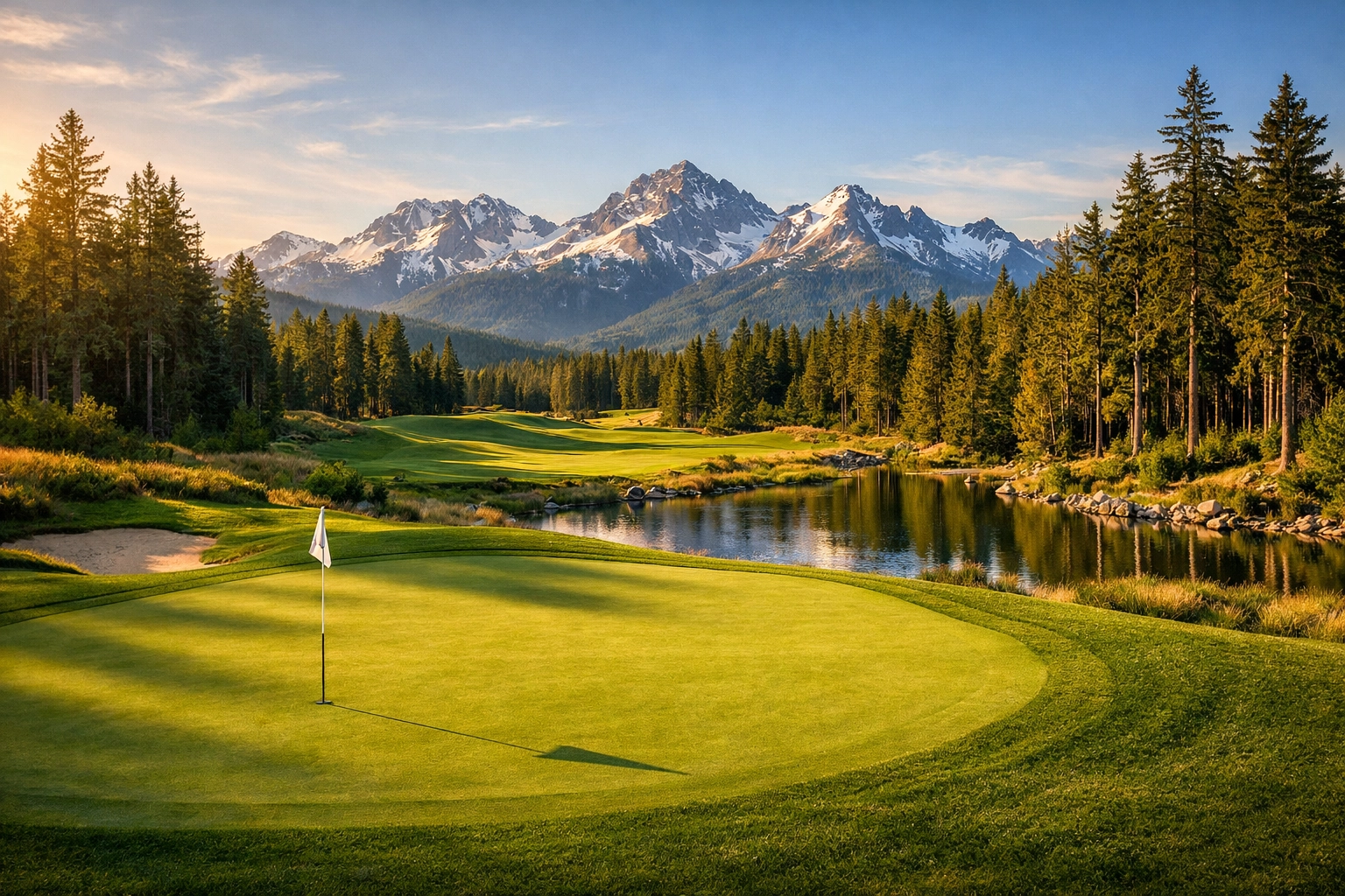 Scenic view of the Tumble Creek golf course in Cle Elum with the Cascade Mountains in the distance.