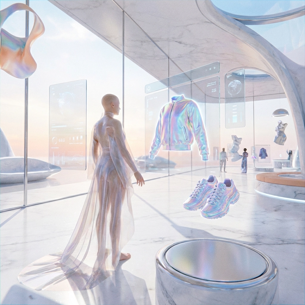 Futuristic metaverse shopping experience with an avatar browsing digital products and AI-powered retail interfaces