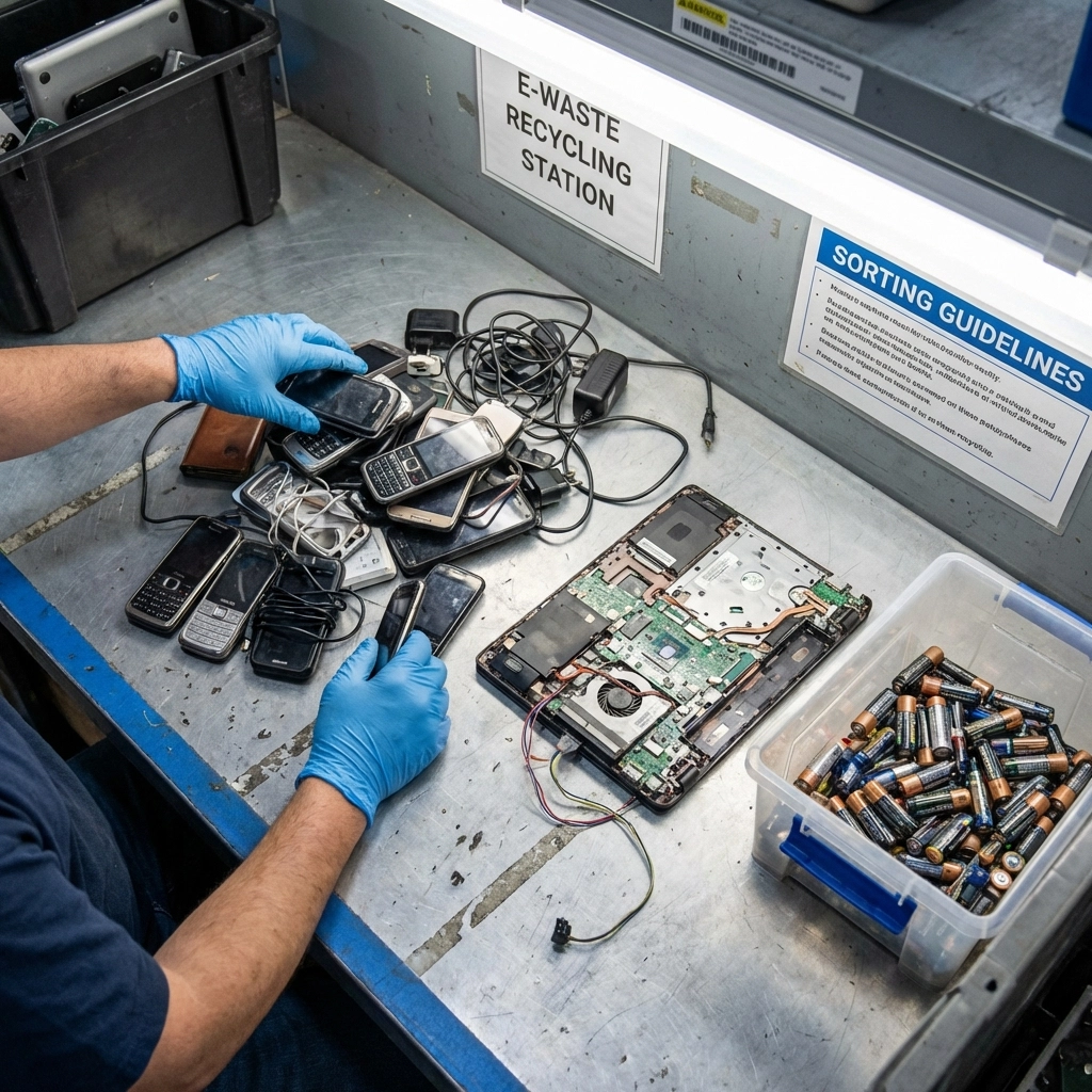 Gloved hands sort old phones, chargers, and batteries for safe and responsible e-waste recycling