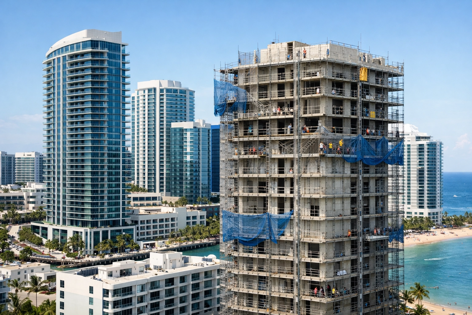 Fort Lauderdale high-rises with one building undergoing a structural audit, visible scaffolding and safety netting