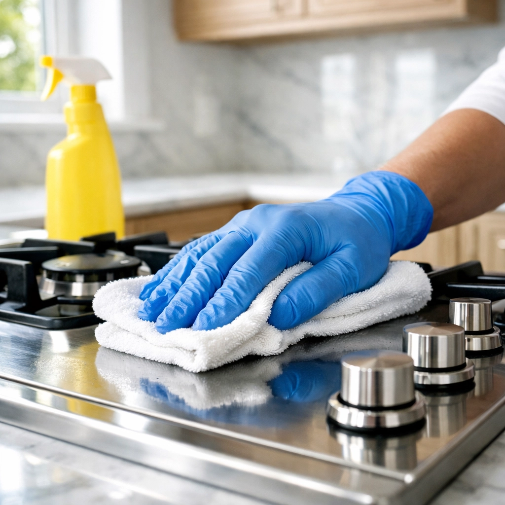 Professional deep cleaning services polishing a modern stainless steel stovetop in a Massachusetts home kitchen.
