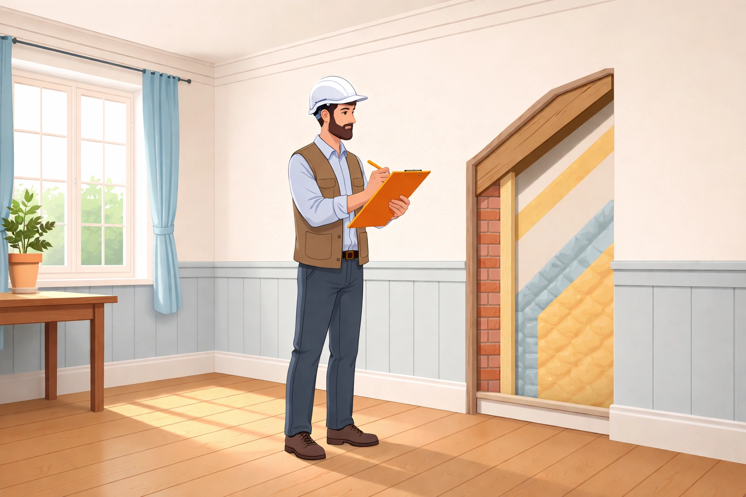 Building surveyor inspecting a period home interior for breathable insulation and heat loss prevention.