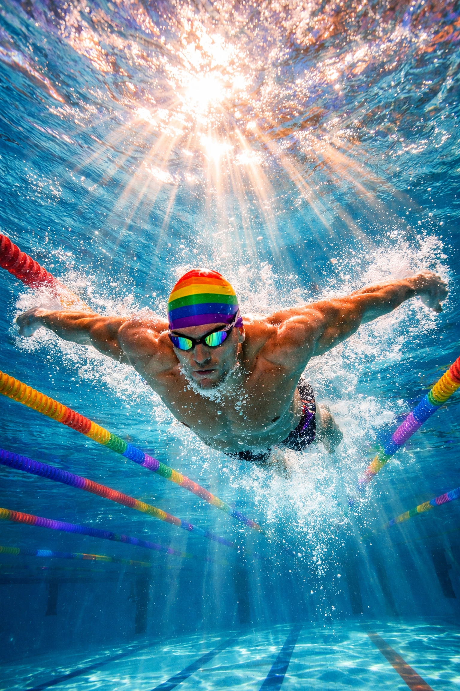 Gay competitive swimmer performing butterfly stroke underwater in Sydney Olympic pool