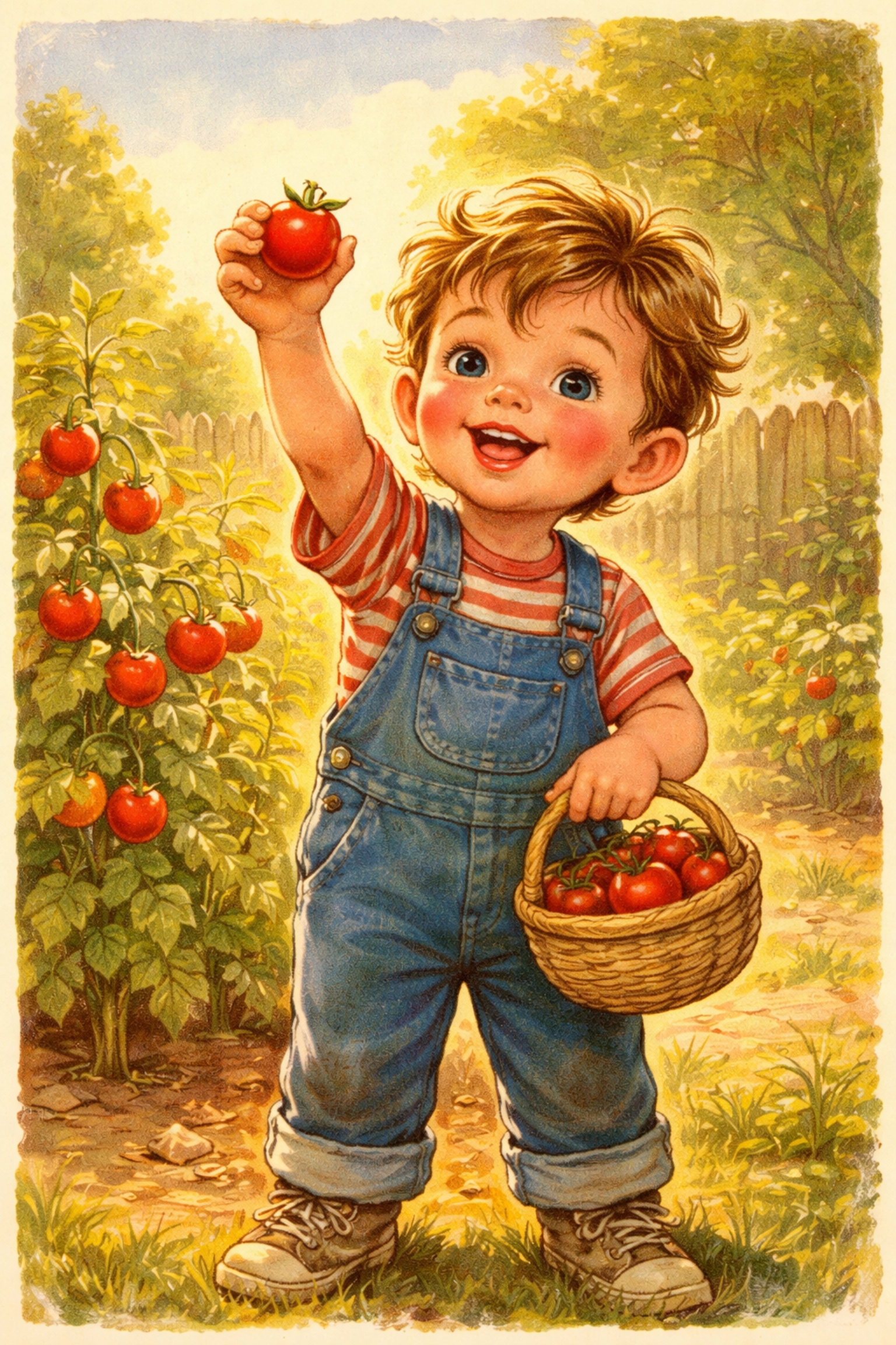 A smiling child in overalls proudly holds a cherry tomato in a sunlit garden, celebrating the rewards of hard work.