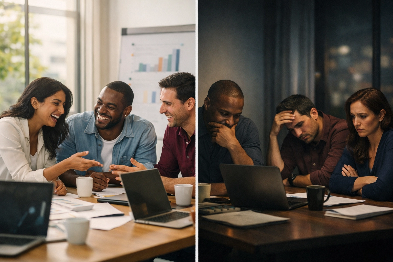 Contrasting workplace cultures showing psychosocial safety versus fear-based team dynamics