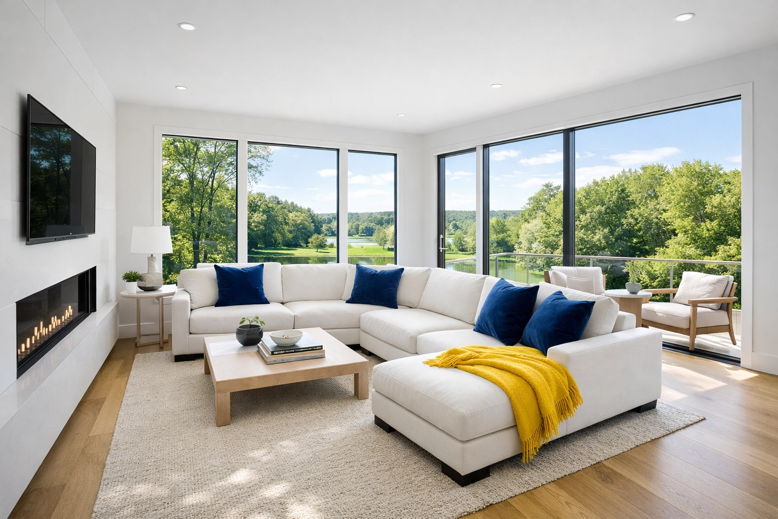 Professionally cleaned modern living room in Wayland MA showing the results of expert house cleaning services.