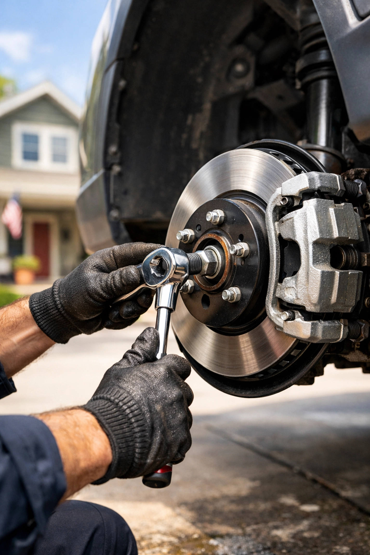 Mobile mechanic Green Bay performing a professional brake pad replacement in a home driveway.