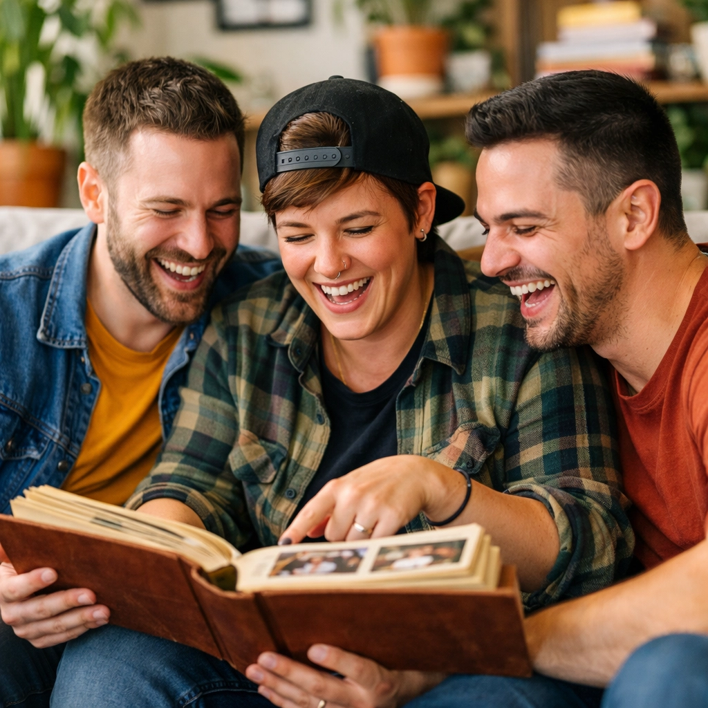 LGBTQ+ siblings and partners laughing together over family photos, celebrating their shared history.