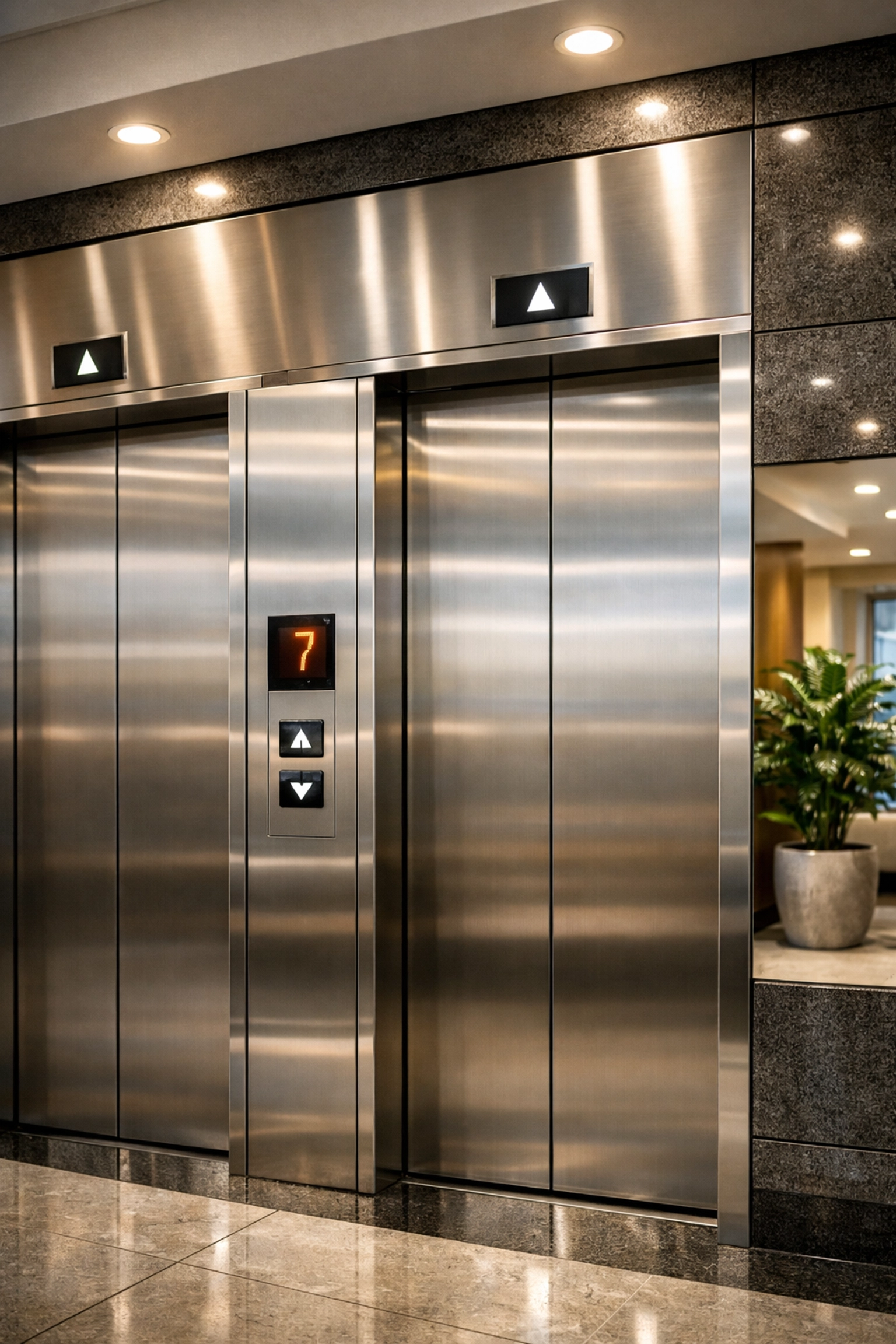 Spotless stainless steel elevators in a professional Indianapolis office plaza lobby highlighting clean surfaces.