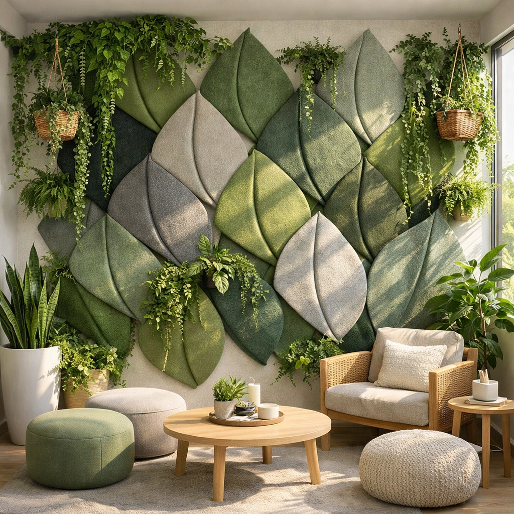 Biophilic 3D acoustic panels in moss green shades for sustainable office soundproofing.