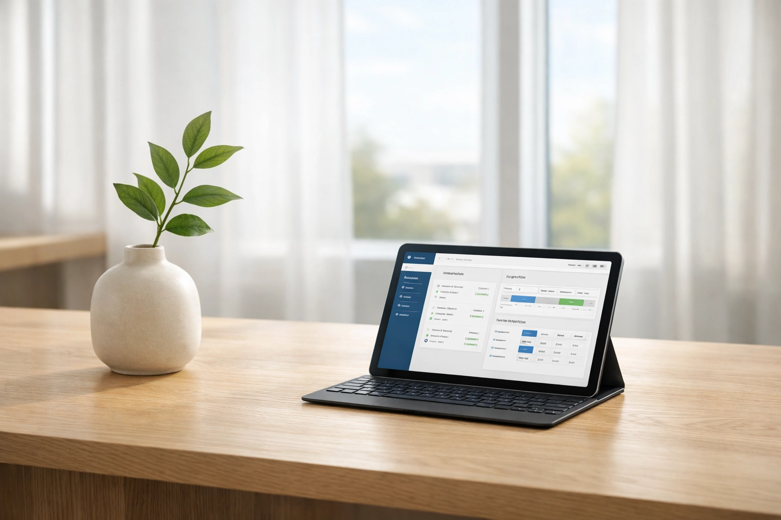 Modern housekeeping software for hotels displayed on a tablet in a minimalist back-office.