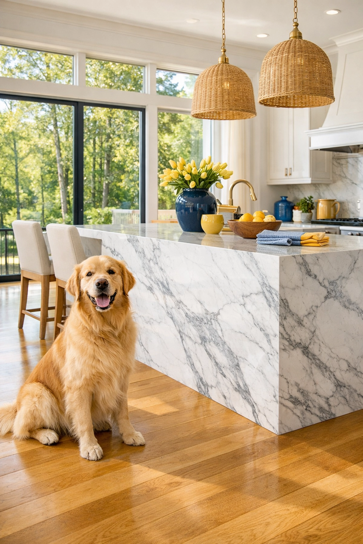 Sun-drenched Foxborough kitchen with marble counters, part of a healthy eco-friendly luxury house cleaning service.