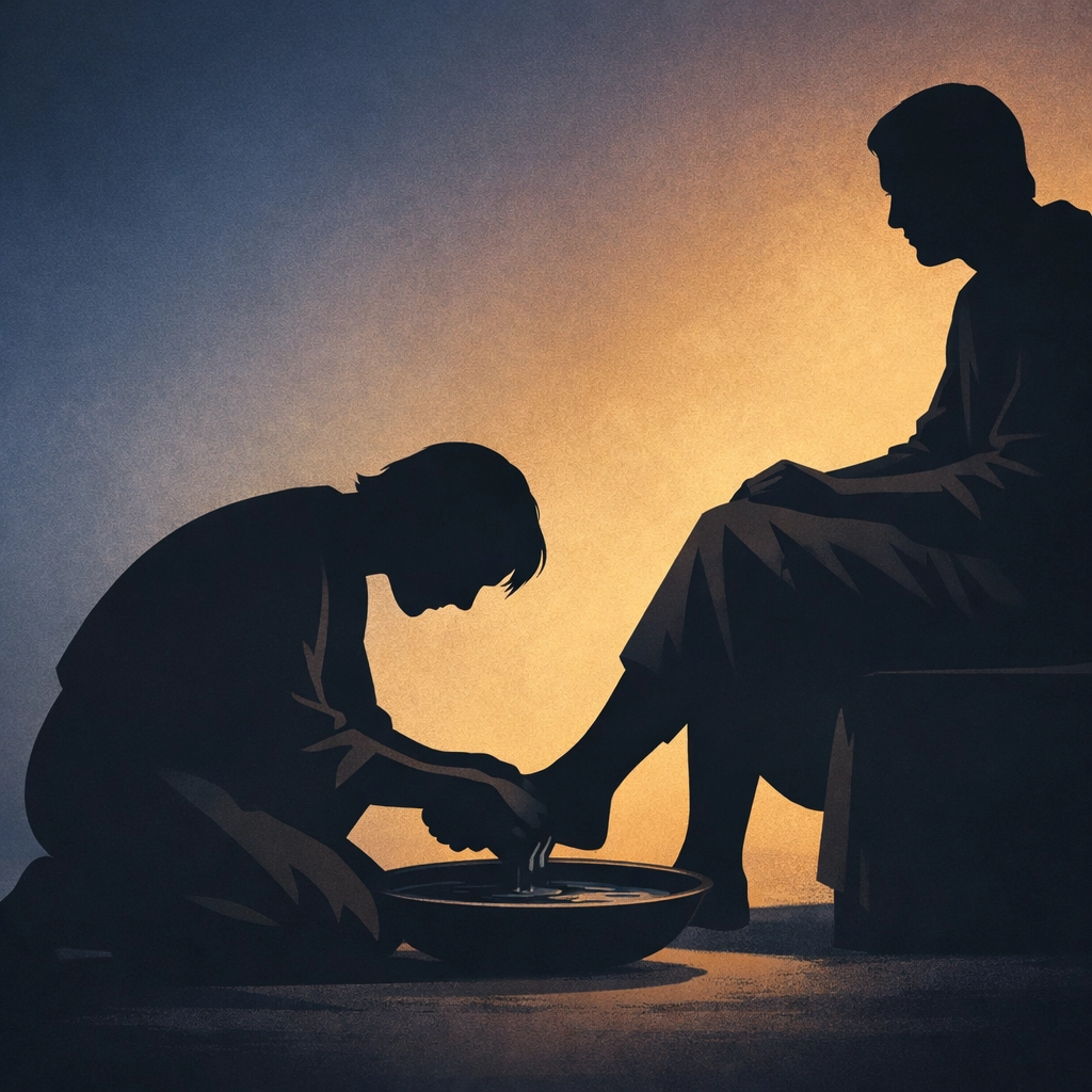 Person washing another's feet illustrating Christian servant leadership and humility