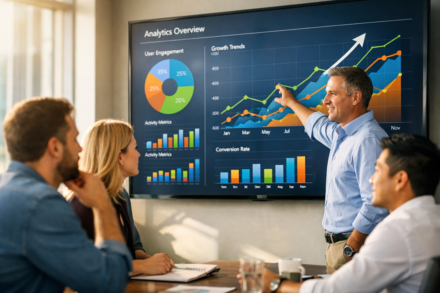 Strategic consulting team reviewing brand growth analytics and data-driven marketing results.