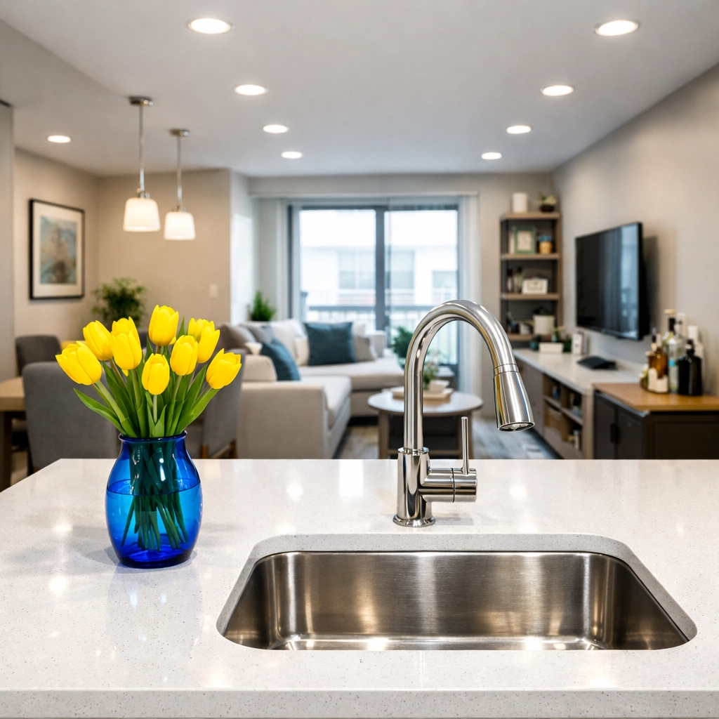 Sanitized minimalist apartment kitchen in Leominster showcasing expert residential cleaning services.