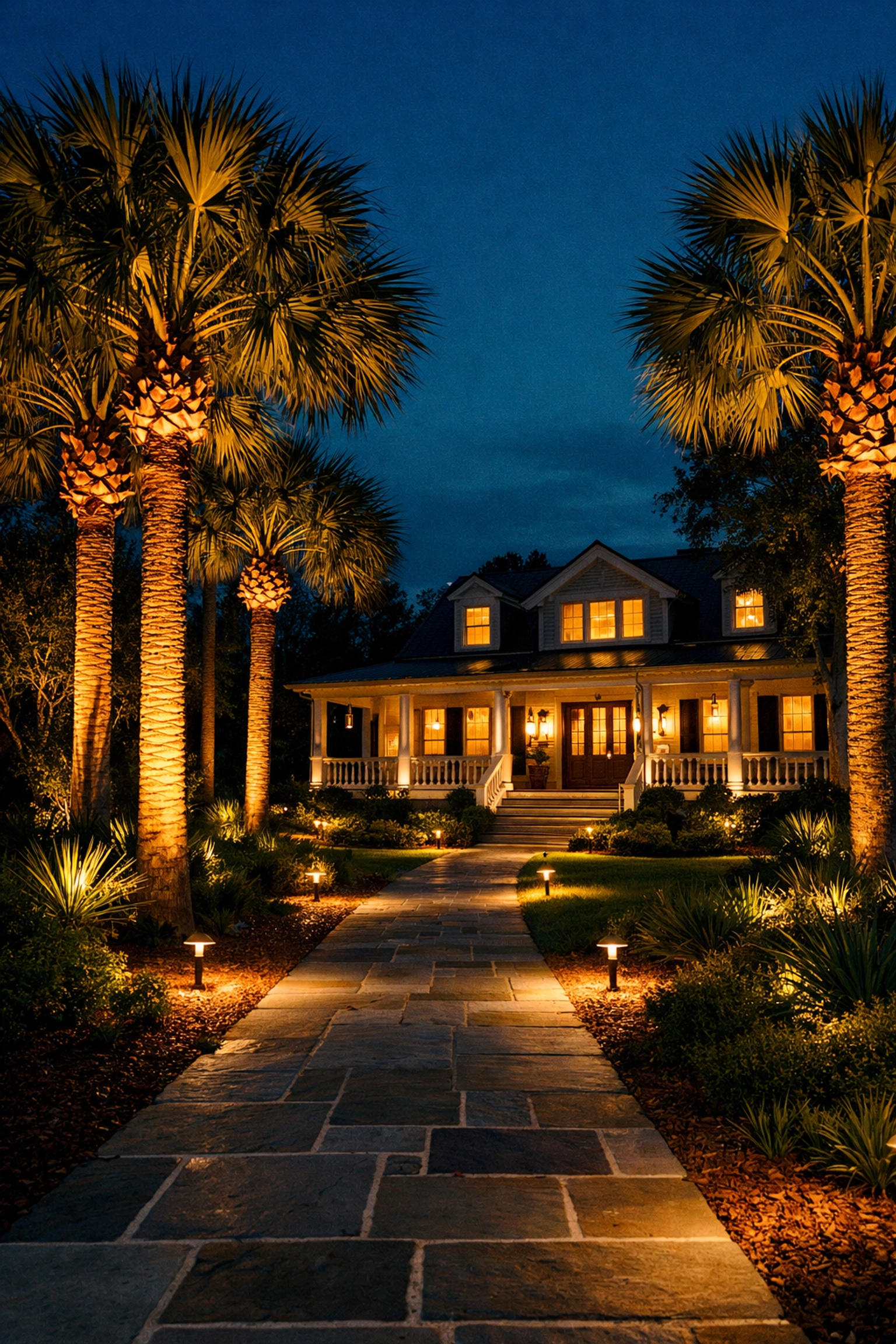 Custom landscape lighting for a Charleston SC home featuring illuminated Palmetto trees and paths.
