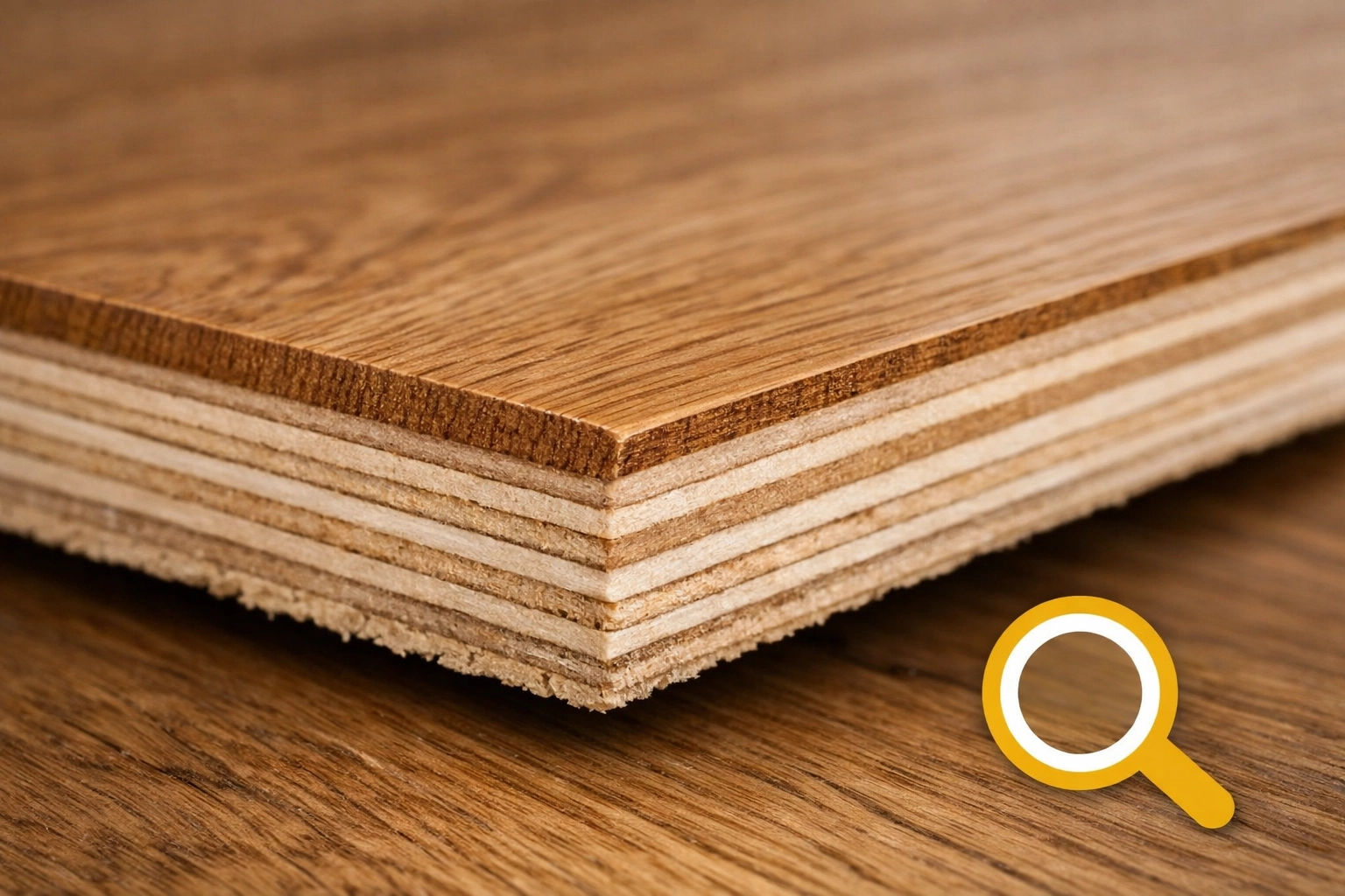 Cross-section of engineered hardwood showing the thin wear layer, vital for Chicago wood floor maintenance.