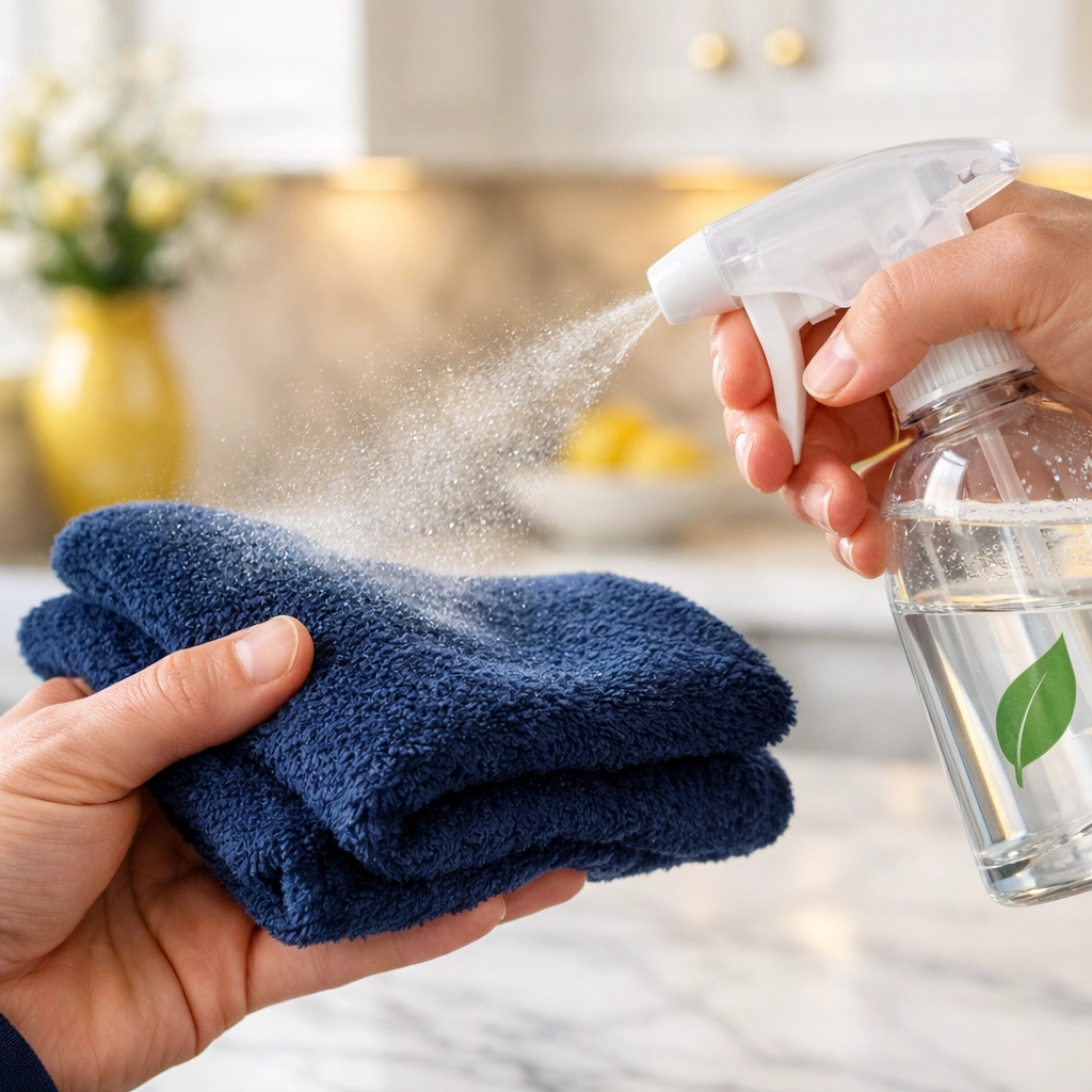Professional applying eco-friendly spray to a microfiber cloth for house cleaning Worcester MA.