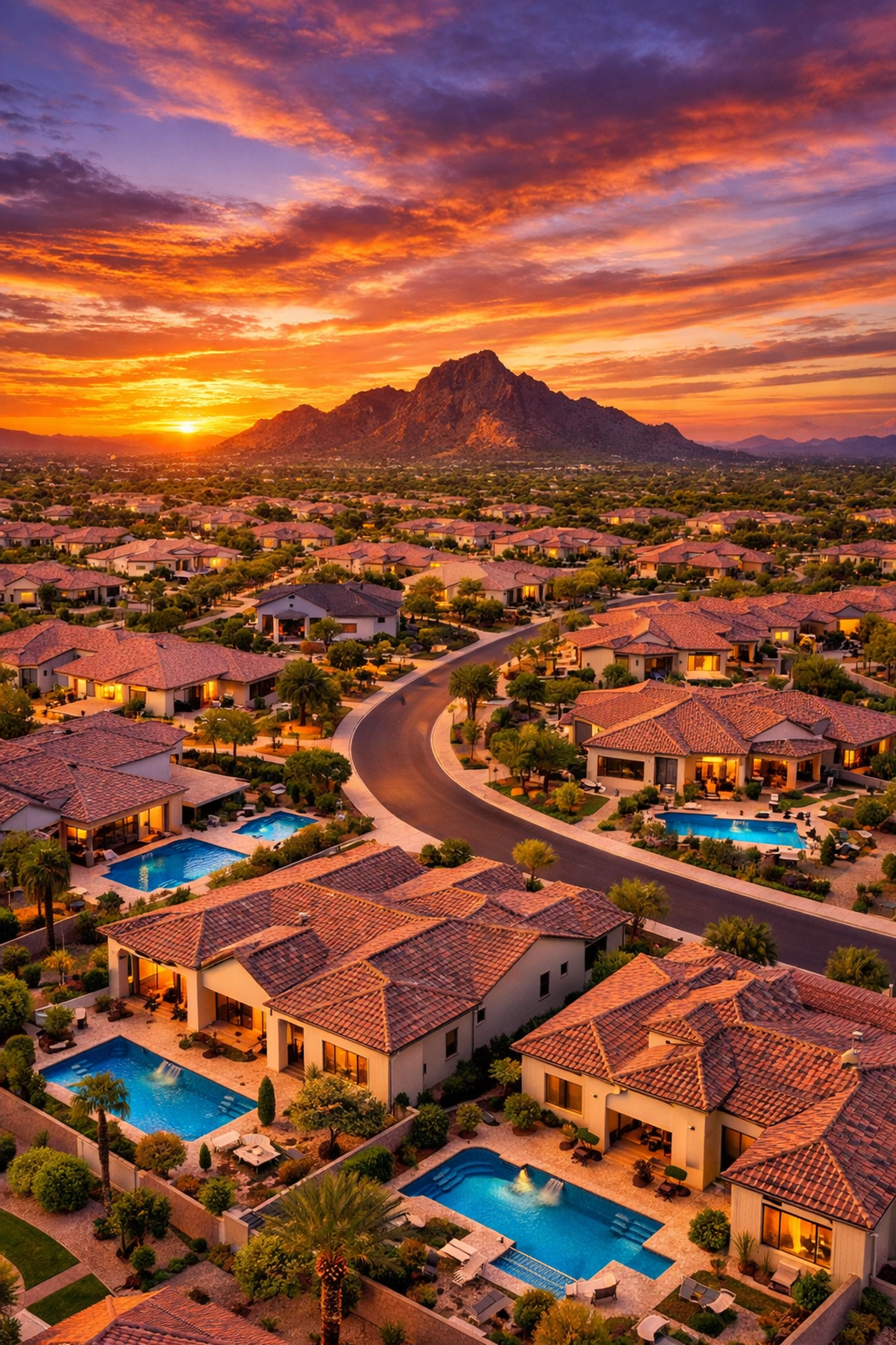 Aerial sunset view of a new construction residential community in the Phoenix metro area.