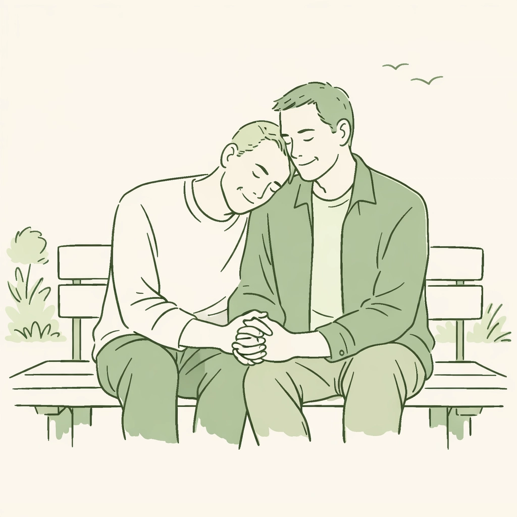 Middle-aged gay men holding hands and finding comfort in their authentic identity together.