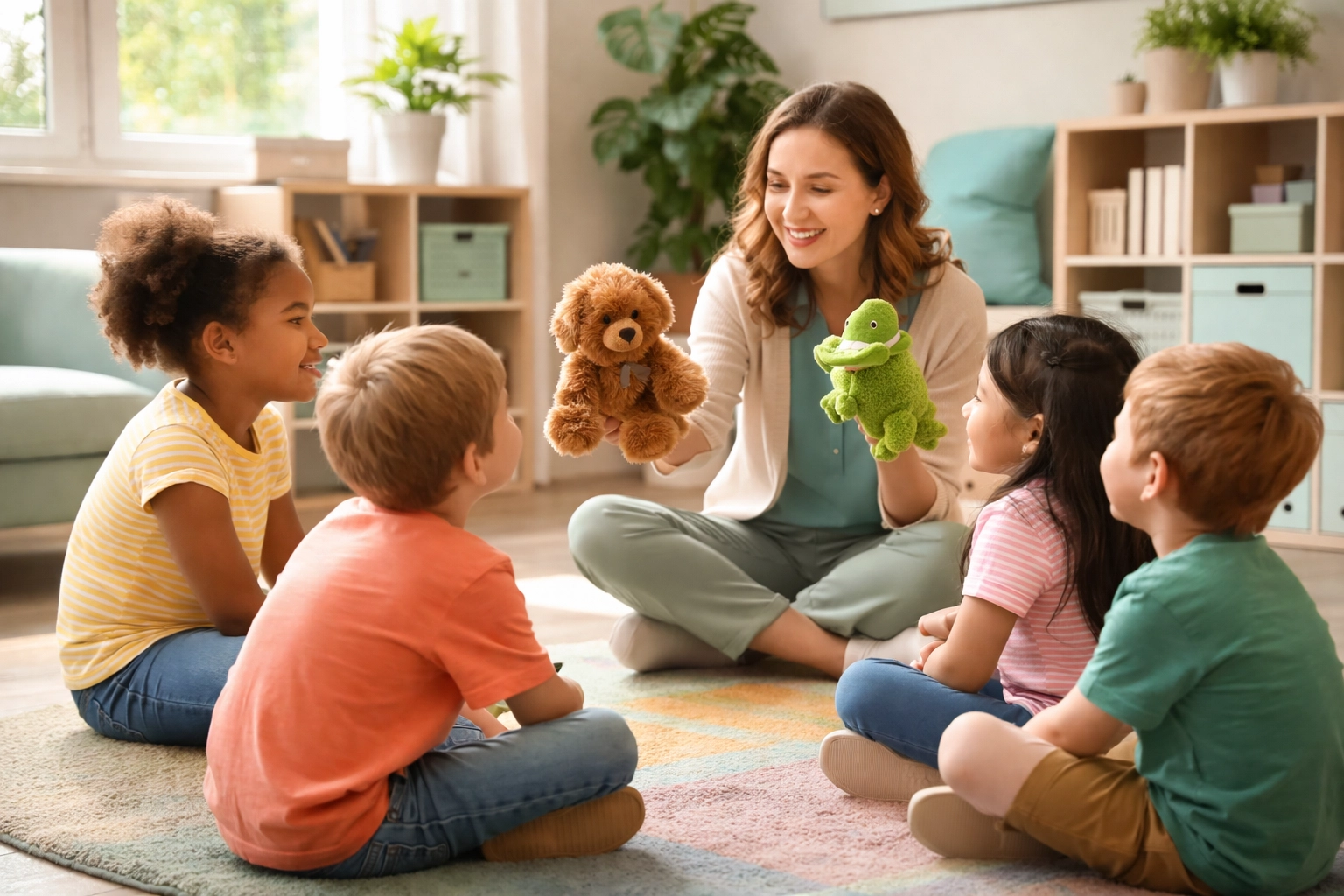 Children ages 6-10 learn social skills in a therapy group led by a friendly therapist in Tyrone GA