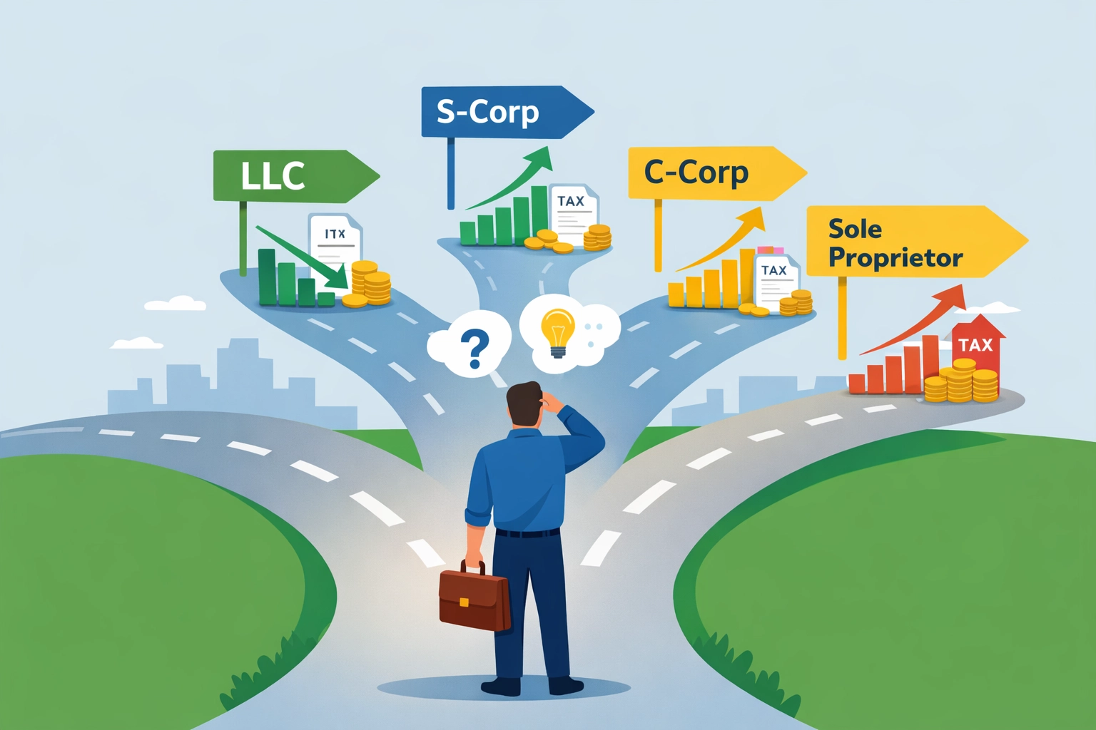 Business owner choosing optimal tax structure between LLC, S-Corp, and other entity types