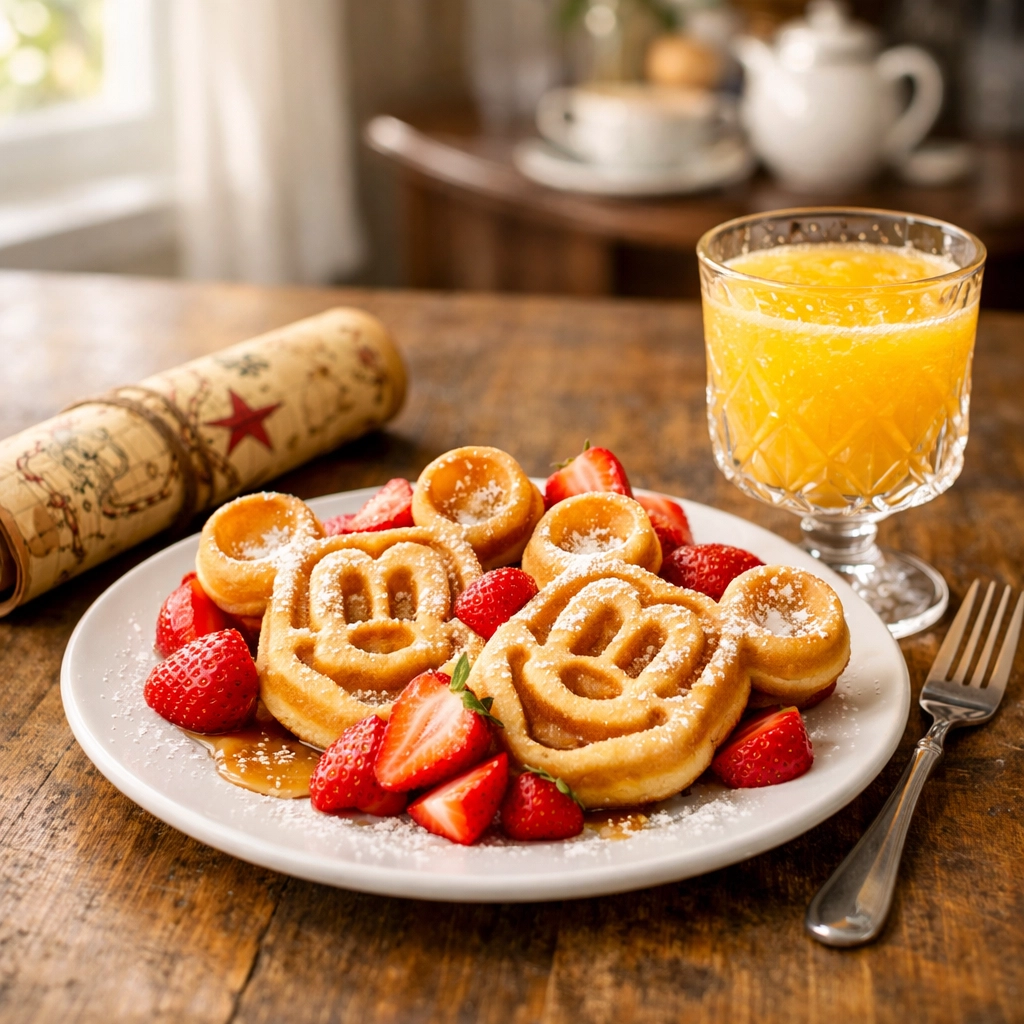 Golden Mickey waffles with fresh strawberries, a must-have Disney dining experience for planned vacations.