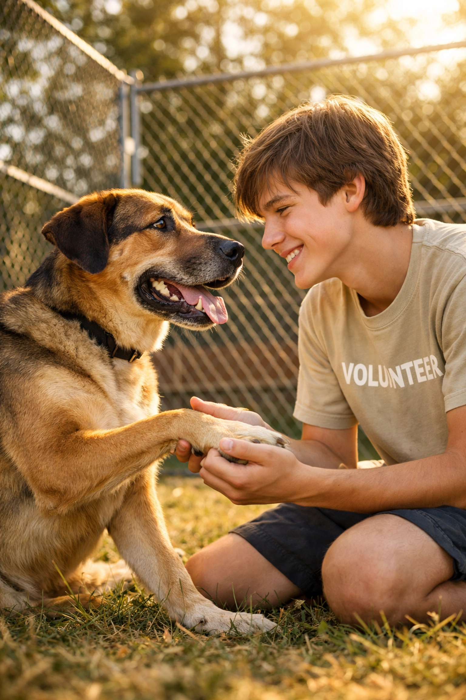 Teenage volunteer connecting with a shelter dog outdoors at an animal rescue facility