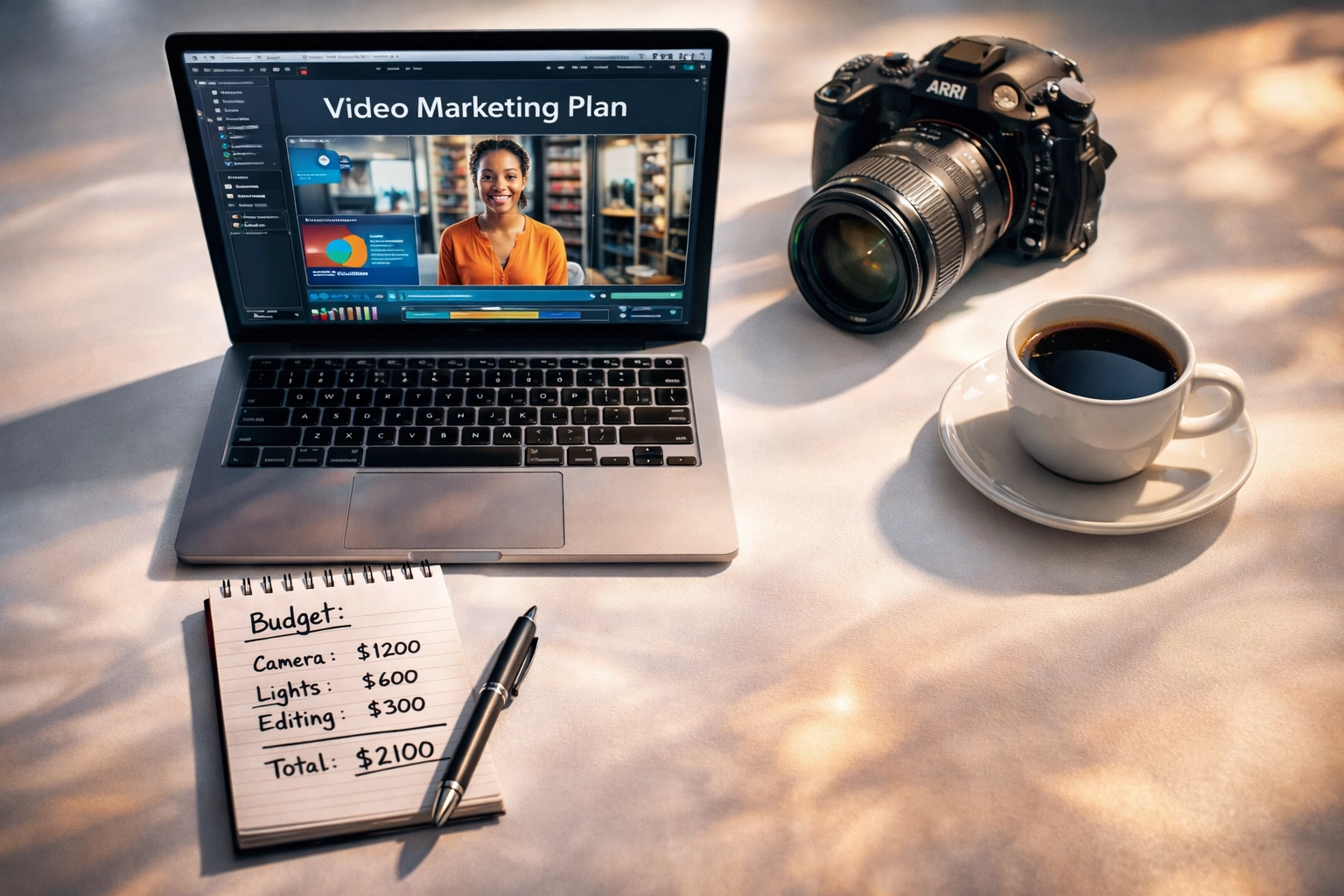 Video marketing budget planning workspace with laptop and camera equipment for small businesses