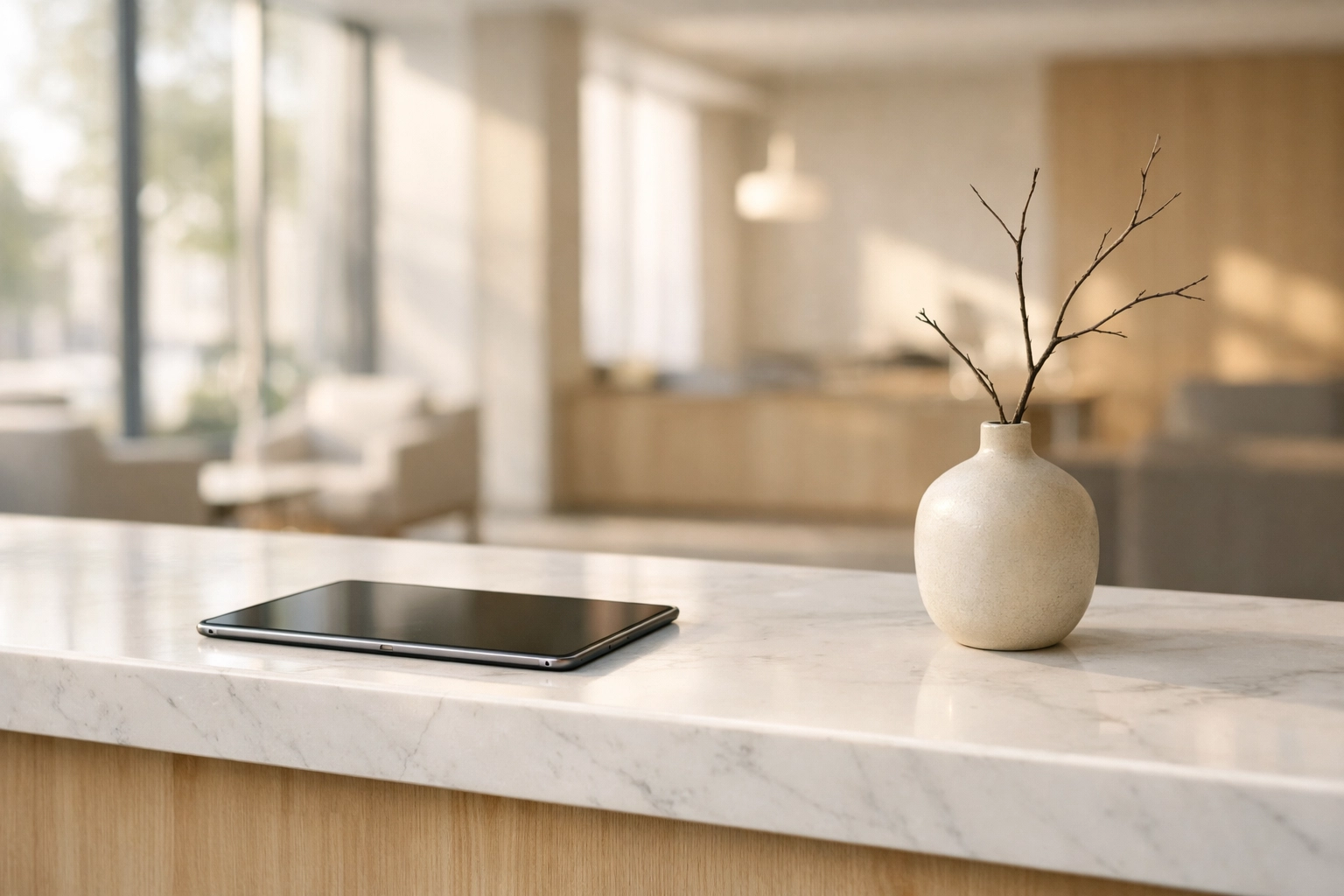 Modern hotel reception desk with a tablet symbolizing seamless cloud property management software.