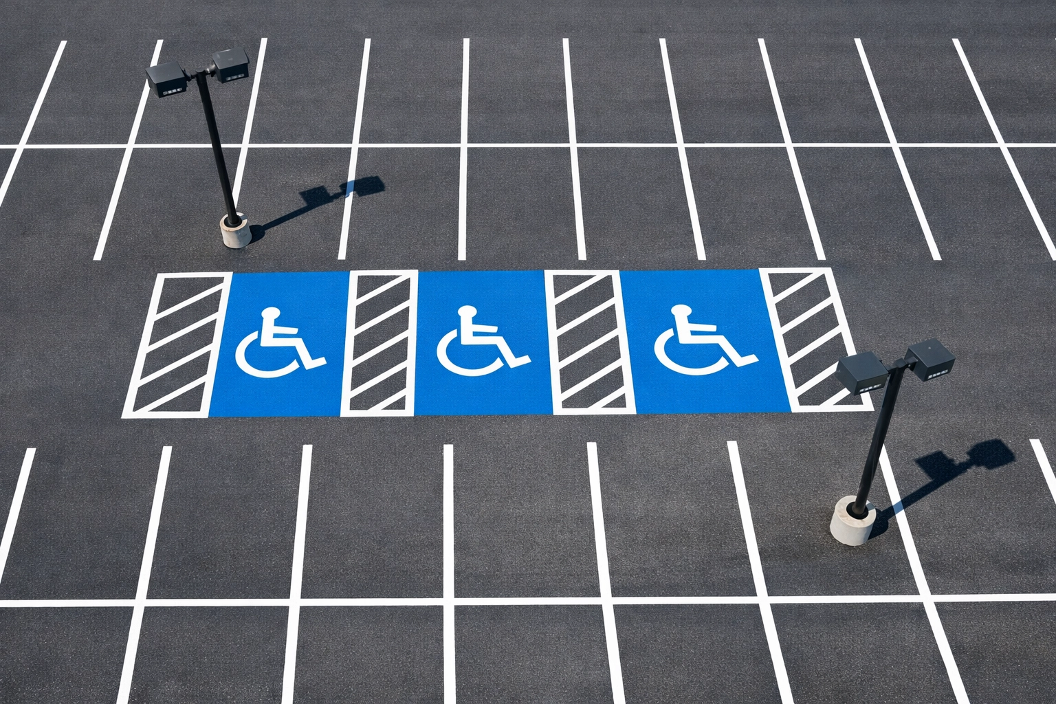Commercial parking lot with fresh white striping and ADA-compliant accessible parking spaces
