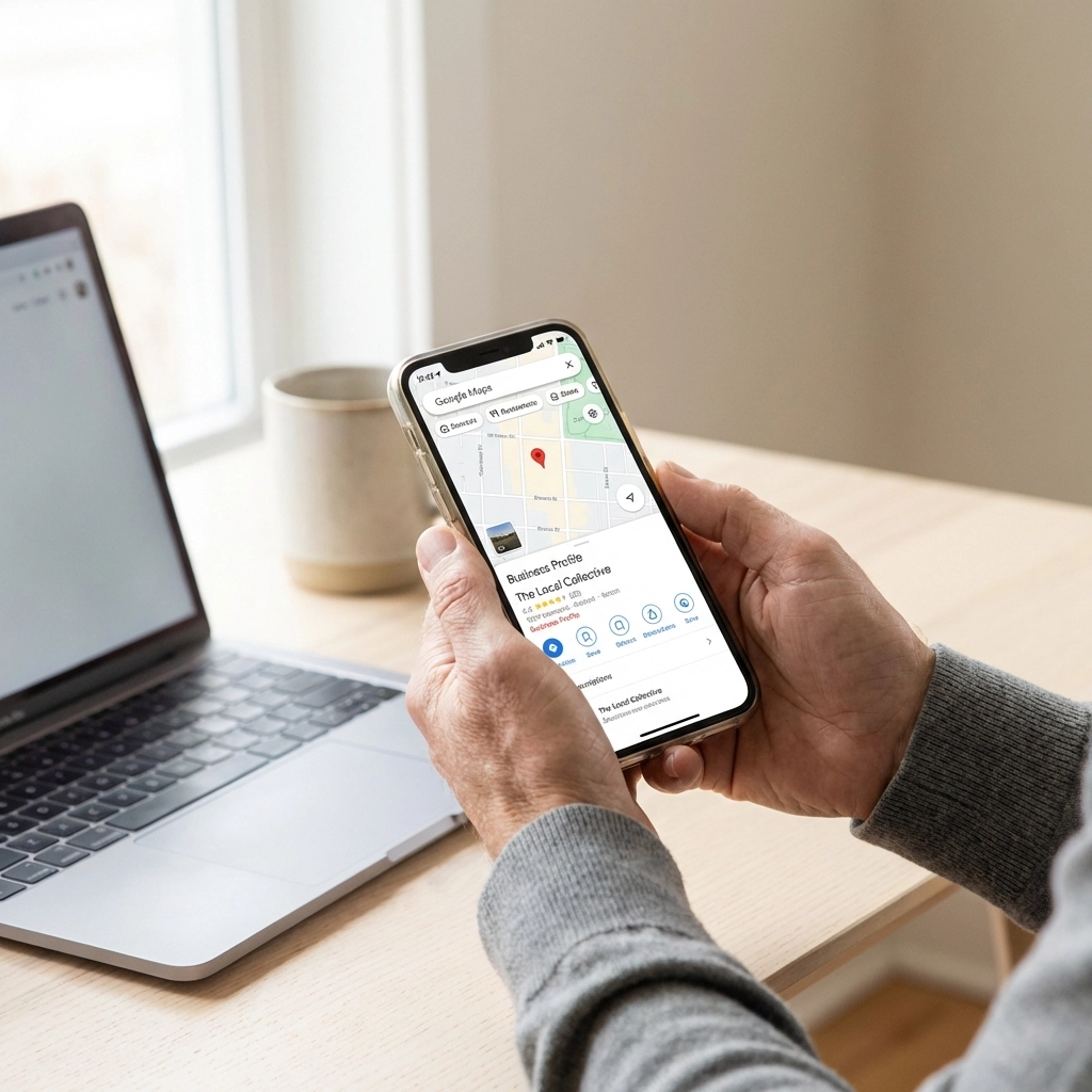 Business owner checking Google Maps listing on smartphone and laptop to boost North East business visibility