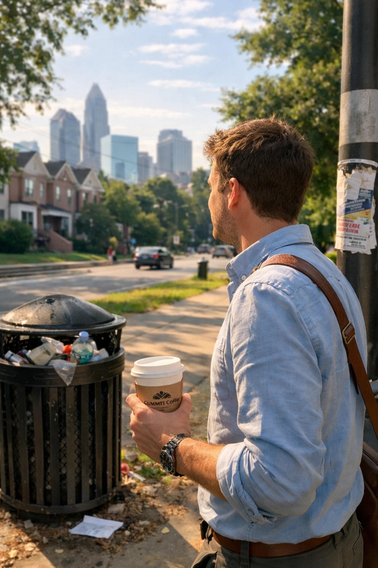 Professional walking near Freedom Park with the Uptown Charlotte skyline, highlighting convenient local rooms for rent.