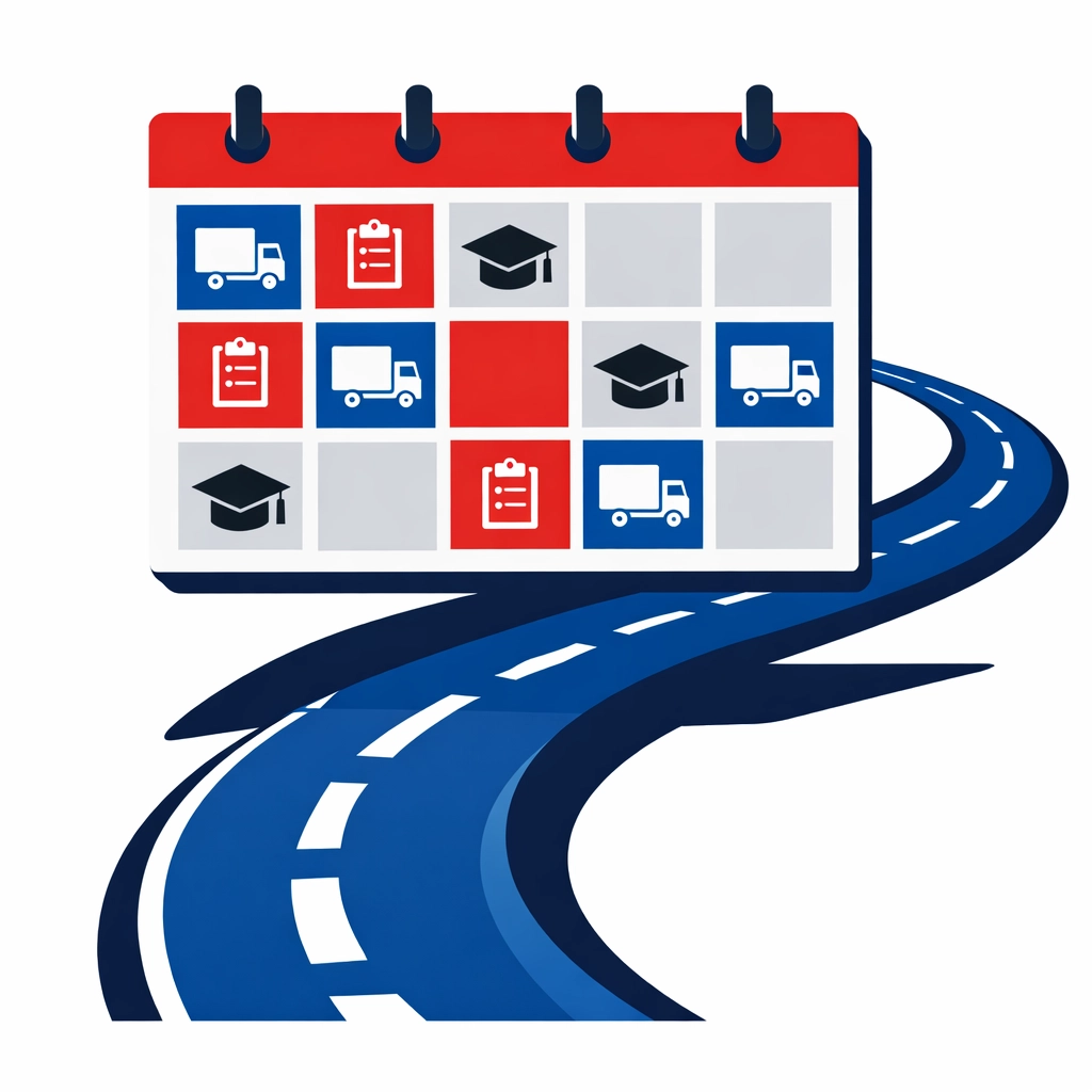 A training schedule calendar showing a clear roadmap for Driver CPC and logistics course planning.