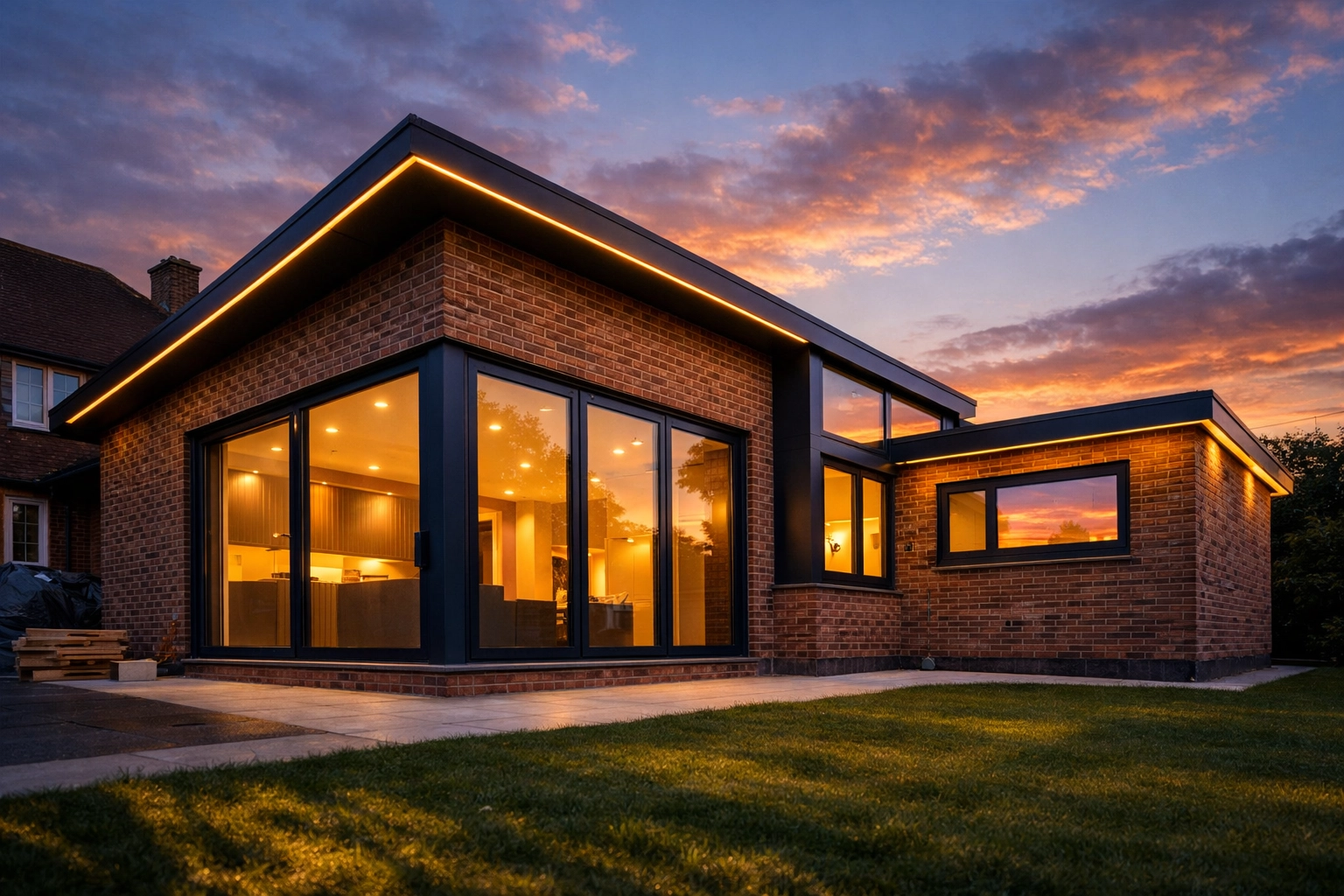 A modern house extension in West Sussex at the watertight stage, demonstrating milestone construction progress.
