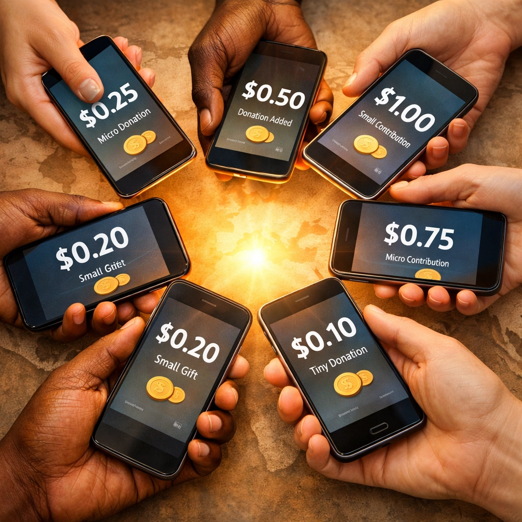 Diverse hands holding phones making micropayment donations through Web3 digital wallets worldwide