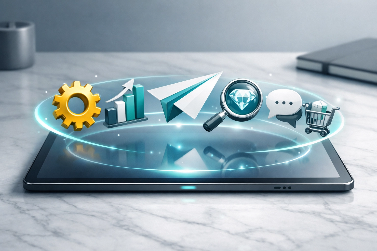 Interactive digital display of business services on a tablet to boost Google Business Profile leads.