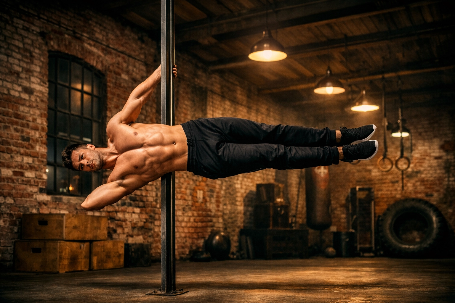 Calisthenics expert performing a human flag using vertical calisthenics equipment for home.